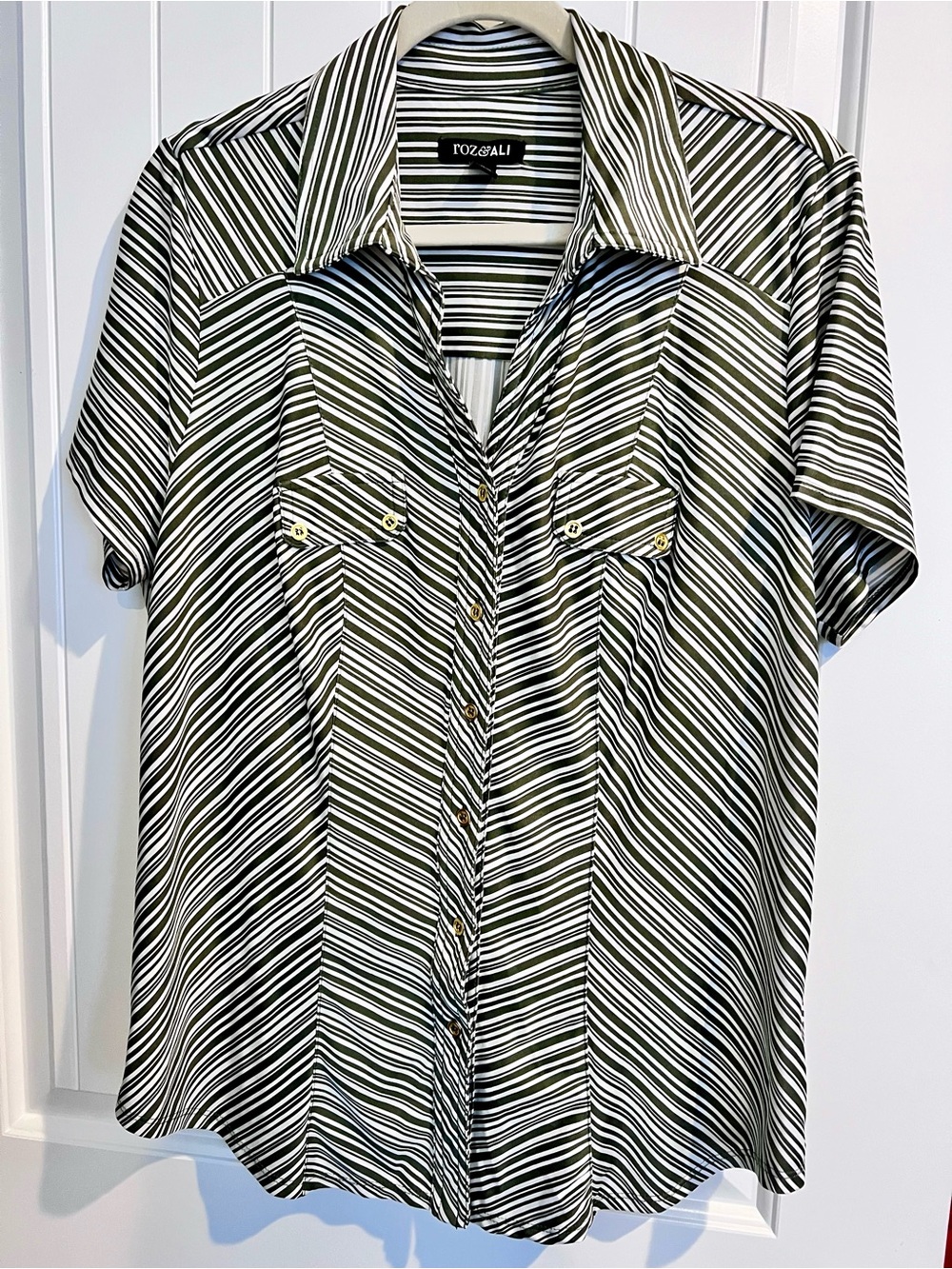 Roz & Ali Green and White Striped Short-Sleeve Button Front Blouse